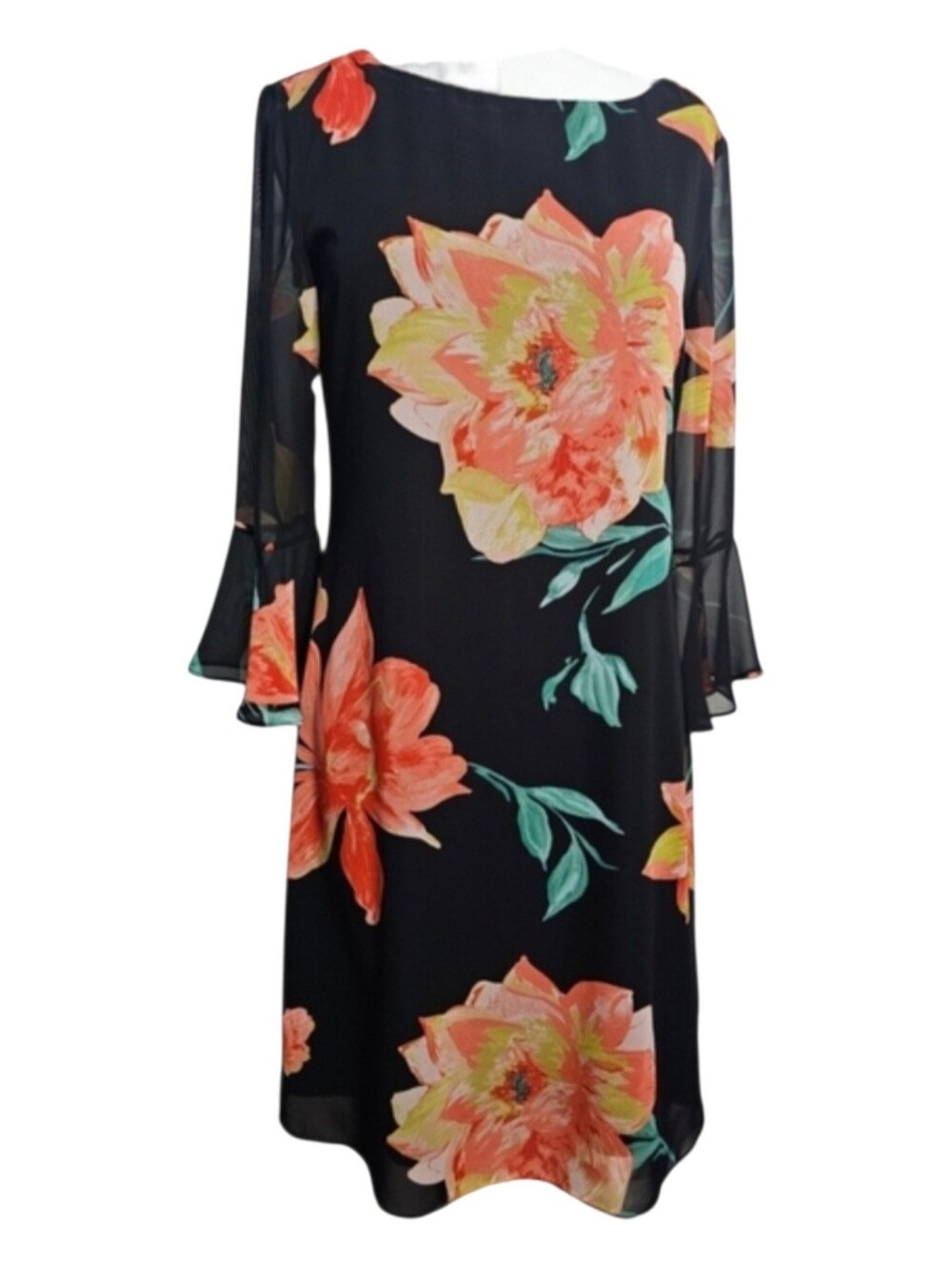 Frank Lyman Black & Floral Print Long Flare Sheer Sleeves Cottagecore Dress Sz 4